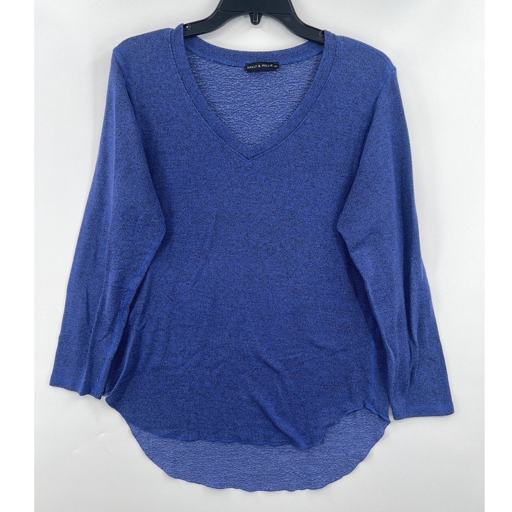Nally &‎ Millie V-Neck Top Womens L/XL Blue High Low Heathered Long Sleeve USA
